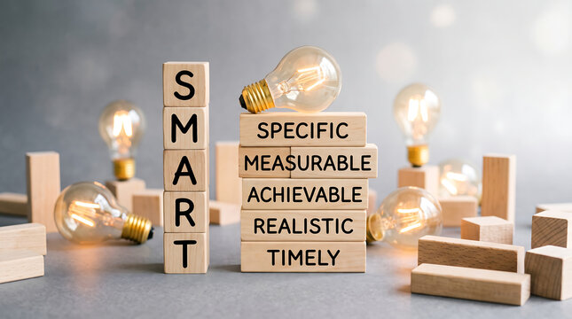 SMART goals, wooden blocks, business concept, strategy planning, productivity tools