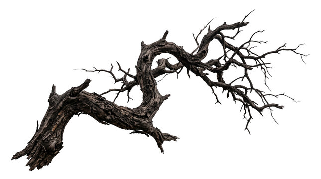 Spooky dead tree with twisted bare branches isolated on transparent background, dark eerie wood for halloween concept