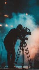 Fototapeta premium Videographer filming event with professional camera on tripod in smoky atmospheric stage lighting from low angle