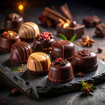 Assorted gourmet chocolate candies on slate.