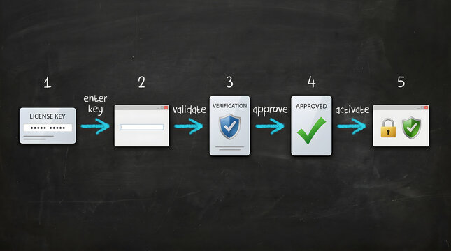 Five step software license activation process flowchart displayed on a dark chalkboard surface representing digital security verification with textured chalkboard background