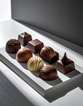 Assorted gourmet chocolate candies on tray.