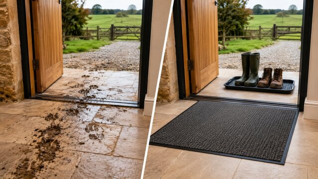 Muddy rural doorway and tidy entrance with boot tray