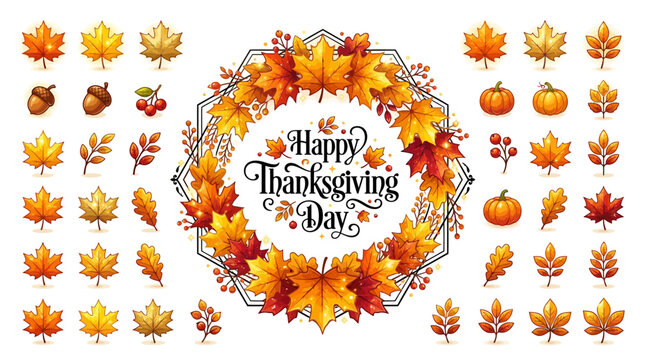 Happy Thanksgiving Day decorative wreath with autumn leaves, pumpkins and berries