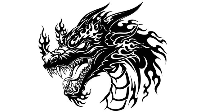 A black and white illustration of a dragon's head.