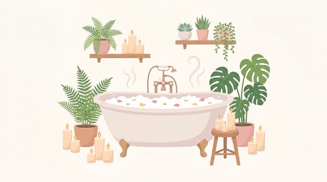 Relaxing Bath with Candles and Plants