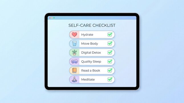 Self-care checklist on a tablet with hydration, exercise, digital detox, sleep, reading, and meditation tasks completed on a light blue background