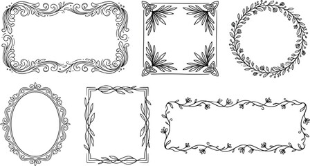 Set of hand drawn decorative floral frames and borders, vintage style botanical elements for wedding invitations, greeting cards and scrapbooking transparent background © SampaRani