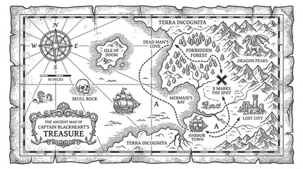 Hand-drawn treasure map with compass, skull, ship, and 'X marks the spot' © mumun