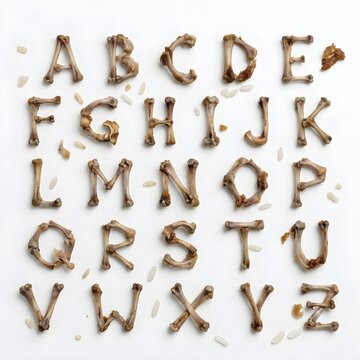 Creative alphabet letters made of chicken bones against a white background.