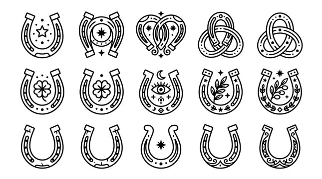 Lucky Horseshoe Icons Set: Good Fortune Symbols, Celtic Knots, Clover, Evil Eye