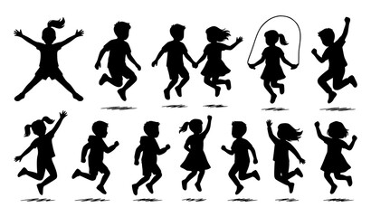 Create a premium vector illustration featuring 30 unique black silhouettes of children jumping isolated on a solid white background. Include boys and girls joyfully jumping with arms raised, knees ben © Md