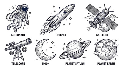 Space Exploration Icons: Astronaut, Rocket, Satellite, Telescope, Moon, Saturn, Earth © mumun