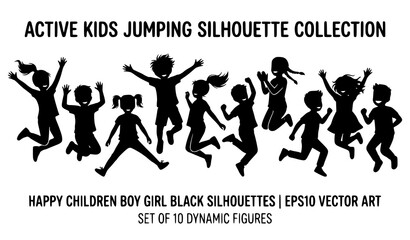 Generate a distinctive vector illustration containing 28 unique children's jumping silhouettes isolated on a solid white background. Create a dynamic staggered arrangement showing boys and girls in a  © Md