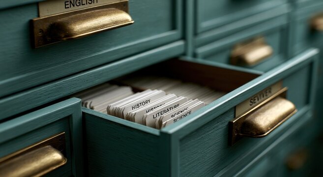 Open vintage wooden library card catalog drawer. Concept of research, organization, and academic study.