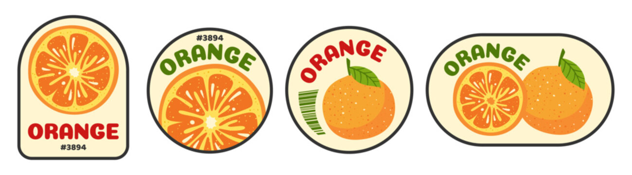 Orange fruit barcode label set. Trendy retro badges with organic fresh quality tag supermarket, farm shop and grocery store packaging. Cartoon flat sticker tropical citrus design. Vector illustration