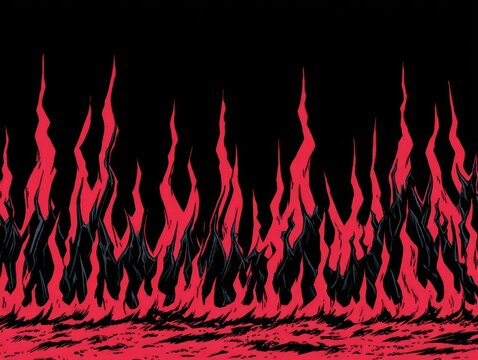Stylized Flames Illustration Graphic Red and Black Abstract Fire Pattern on Dark Background Comic Book Style
