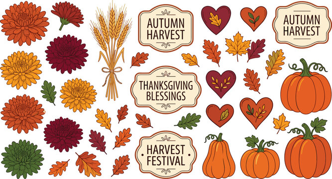 Autumn harvest clipart collection featuring pumpkins chrysanthemums fall leaves thanksgiving badges hearts and seasonal festival decorations in cartoon vector style