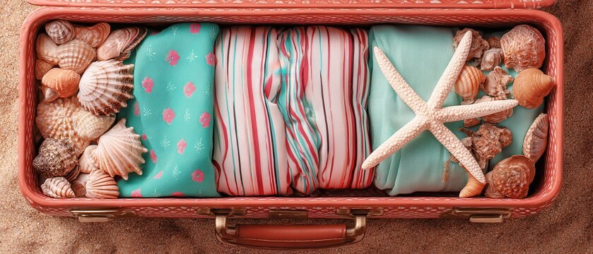 Packed suitcase with seashells starfish and folded clothes ready for vacation travel on sand beach overhead view