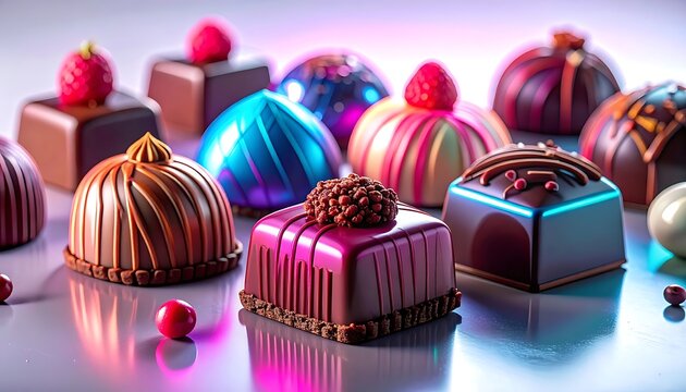 Assorted chocolates with colorful coatings and toppings.