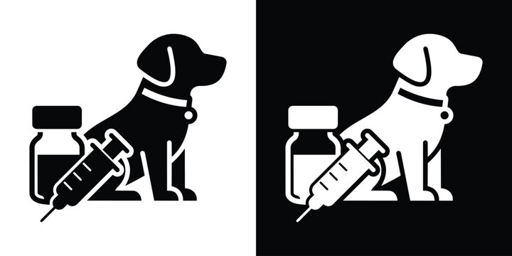 Dog vaccination vector icon set. Black and white pet silhouette with a medical syringe and vaccine vial bottle graphic.