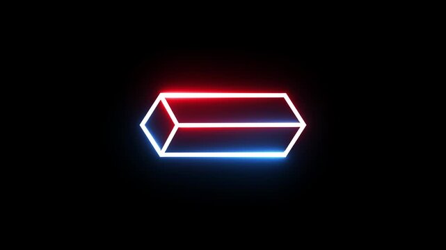 Futuristic neon prism shape rotates with dynamic glowing red and blue light effects.