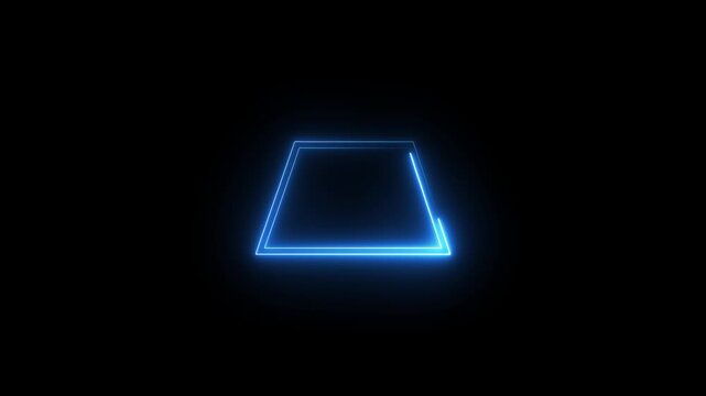 Blue neon trapezoid shape glowing animation isolated on black background cinematic footage.