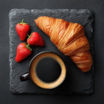 Top-down view of coffee croissant and strawberries on slate plate; breakfast still life in dark moody style; studio shot