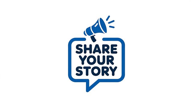 Share, speech bubble, megaphone icon, blue text