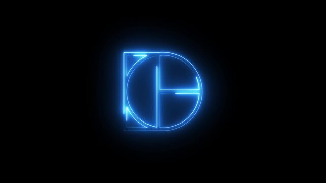 Neon blue letter d logo animation with glowing geometric circular lines on black backdrop.