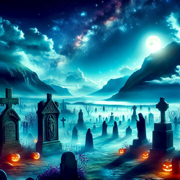 Eerie cemetery with mystical figures in the moonlight. fog and night time. Halloween