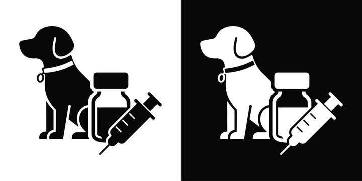 Dog vaccination vector icon set. Black and white pet silhouette with a medical syringe and vaccine vial bottle graphic.