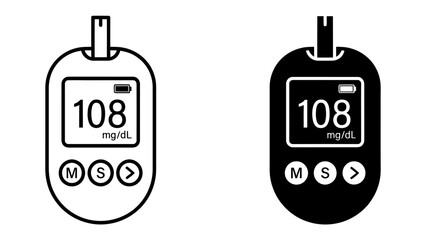 Blood Glucose Meter Icon: A set of two blood glucose meter icons, one in outline and the other in silhouette, display the same reading of 108 mg/dL, representing a health measurement device. © AJM
