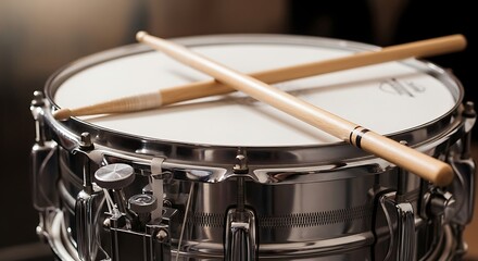 Obraz premium Drum with drumsticks on top closeup.