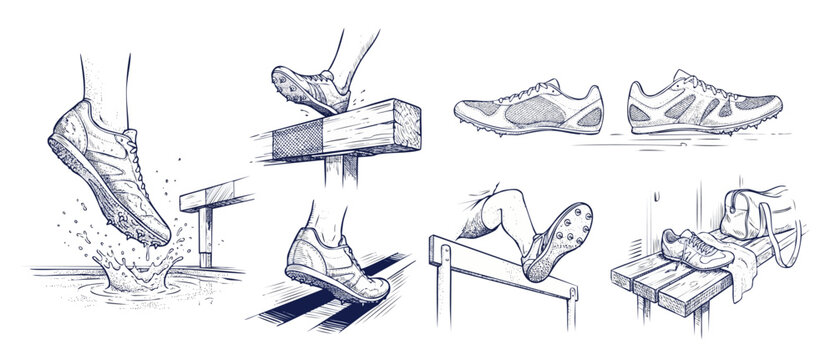 Track and field running spikes sport illustration collection showing hurdle racing, steeplechase water jump splash, athletic shoe designs, and locker room bench drawn in vintage hand sketched styles.