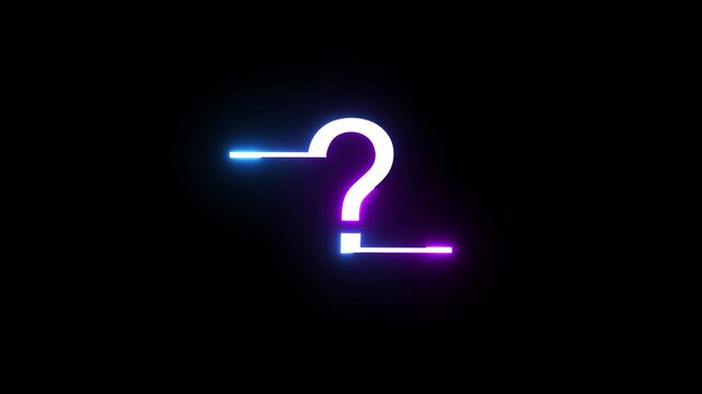 Neon question mark glowing with blue and purple light flashes over dark black background.