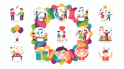 Fototapeta premium happy people celebrating, colorful party icons