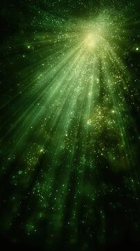 Green Light Rays Bursting from Above Abstract Background Shining Sparkles Glittering Particles Festive Atmosphere