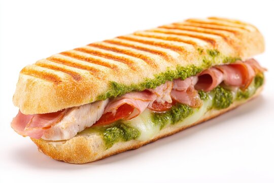 Close up of Grilled Panini Sandwich with Chicken Ham Pesto and Tomato on White Background Delicious Meal Food Photography