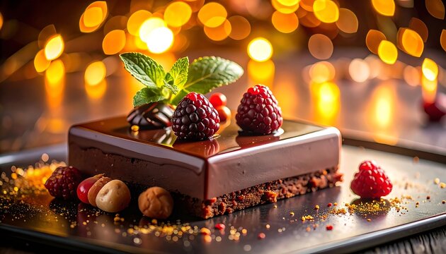 Chocolate dessert with berries and mint.