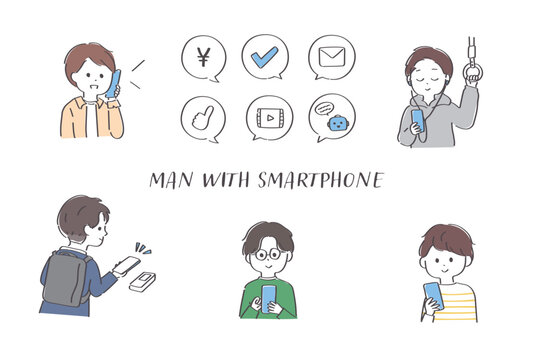 スマホを使う男性たちの様々なシチュエーションのイラストセット