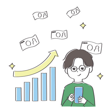 デイトレードに成功して大金を得た若い男性のイラスト