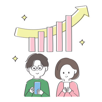 家計の資産が順調に伸びている夫婦のかわいい手描きイラスト