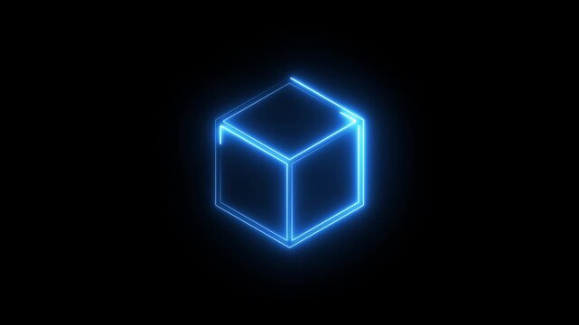 Animated glowing blue neon cube forming on black background, futuristic abstract 3d motion.