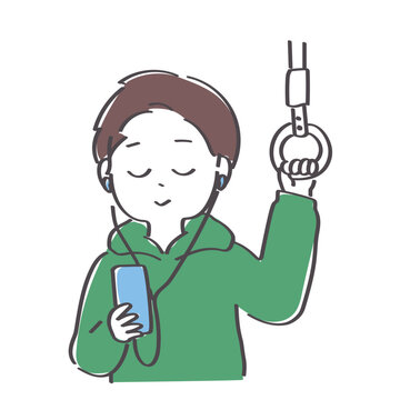 電車で目を閉じて音楽を聴いている若い男性のイラスト