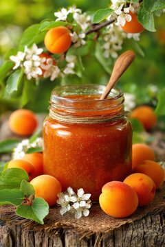Apricot jam in glass jar with wooden spoon and fresh fruits on rustic wooden surface in garden setting