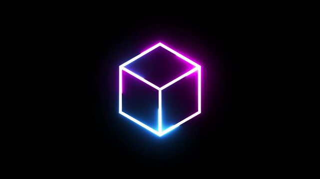 Neon glowing cube wireframe rotating against black background in seamless looping motion.