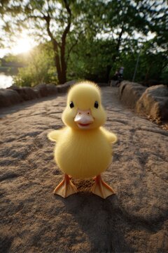 Cute yellow duckling standing on stone path in park at sunset close up portrait adorable fluffy baby bird in nature