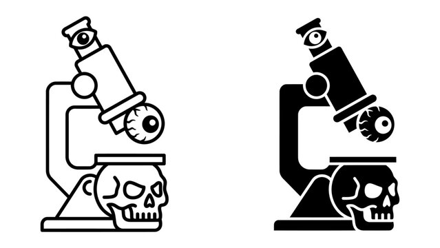 Macabre Science: A stylized microscope is depicted with an eyeball as the lens and a skull at its base, representing a dark and unsettling view of scientific exploration.