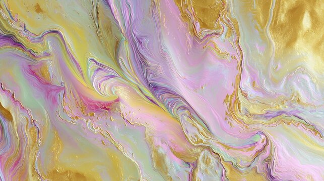 Abstract Fluid Art Painting with Gold Veins in Pastel Colors Swirling Texture Close Up View